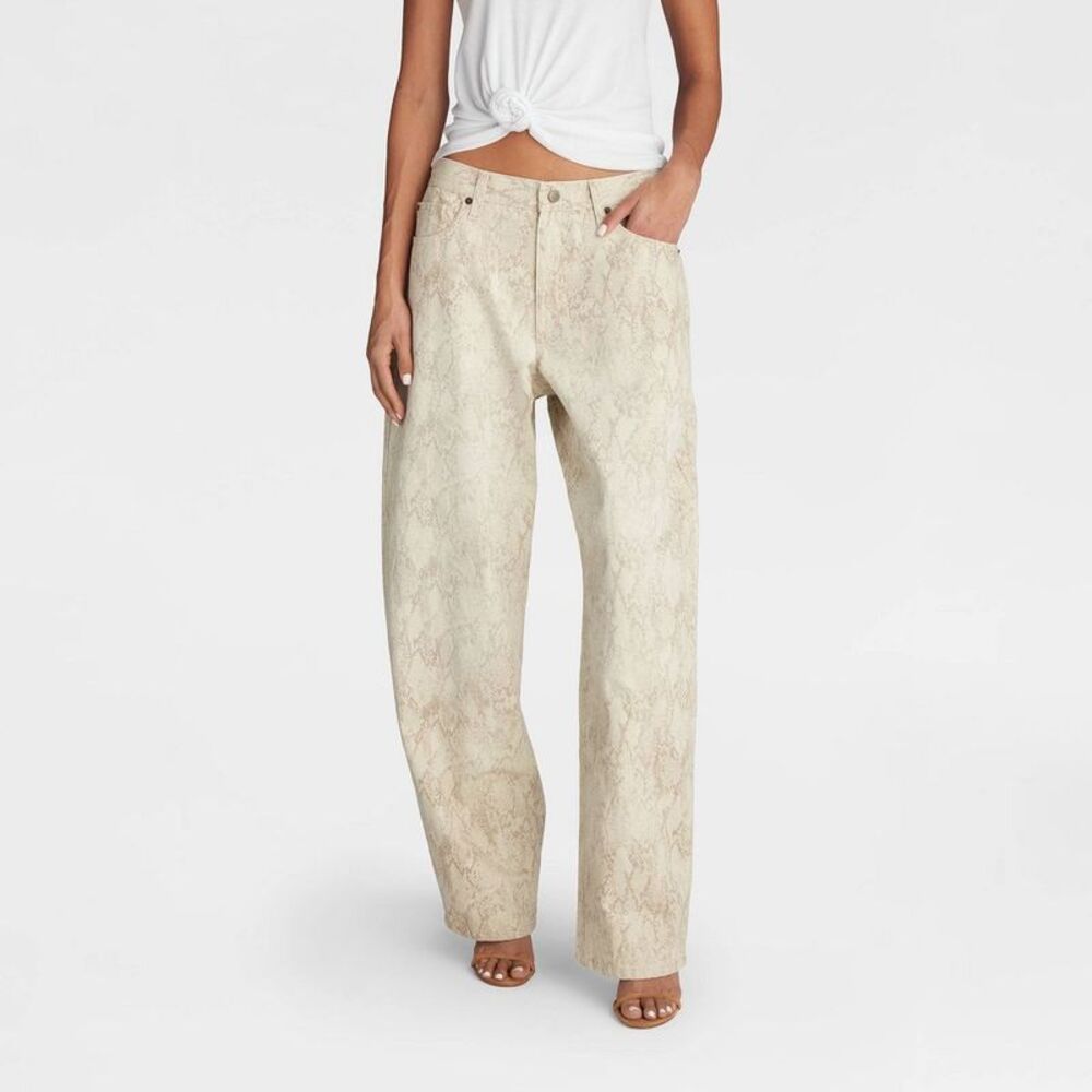 Wide Leg Snake-Print Pants in Cream